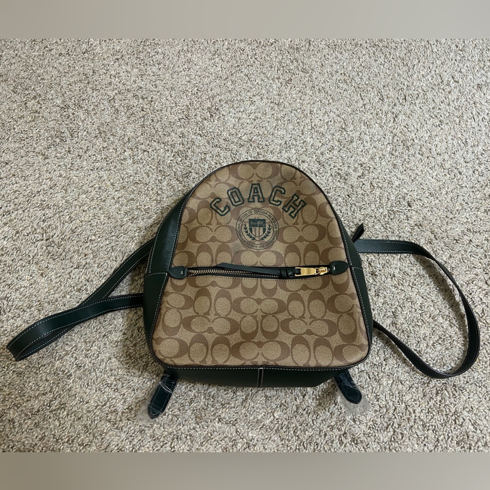 Coach Signature Canvas Backpack Brown Green Varsity Logo Leather Trim School